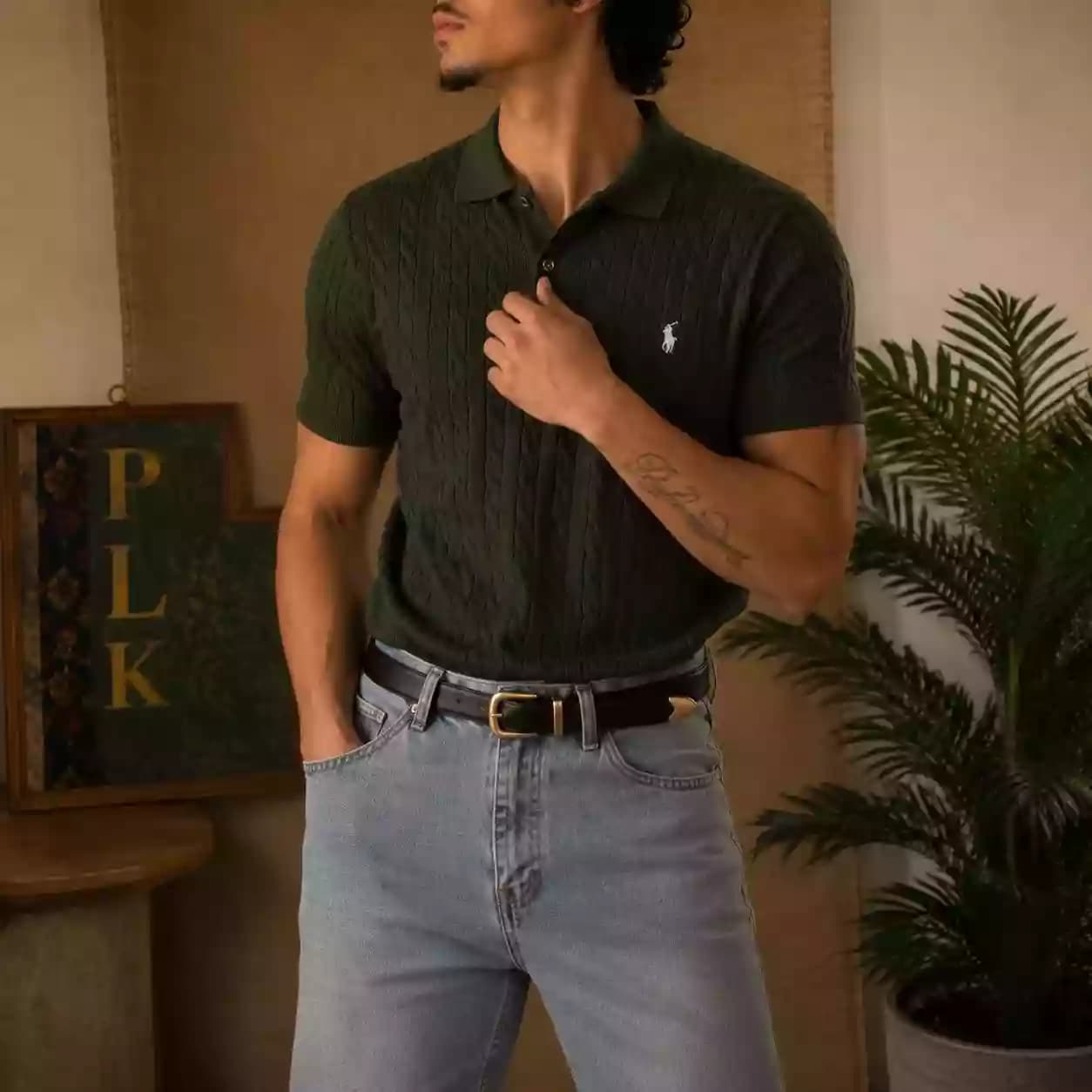 Deep Olive Cable Knit Polo - Old Money