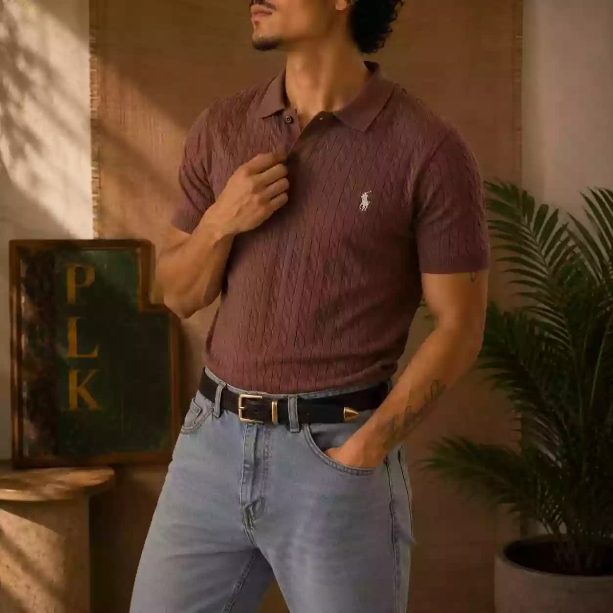 Classic Brown Cable Knit Polo - Old Money