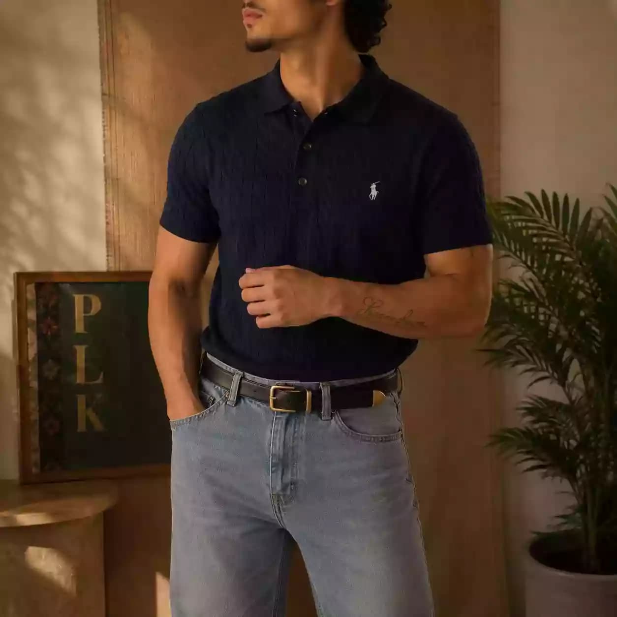 Navy Cable Knit Polo - Old Money
