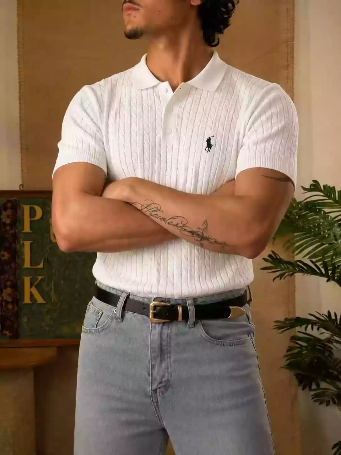 White Cable Knit Polo - Old Money