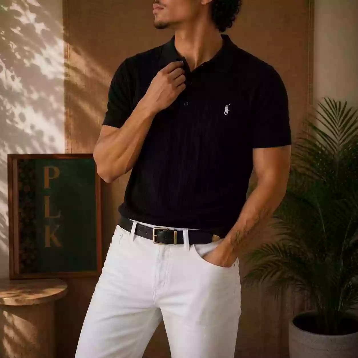 Black Cable Knit Polo - Old Money