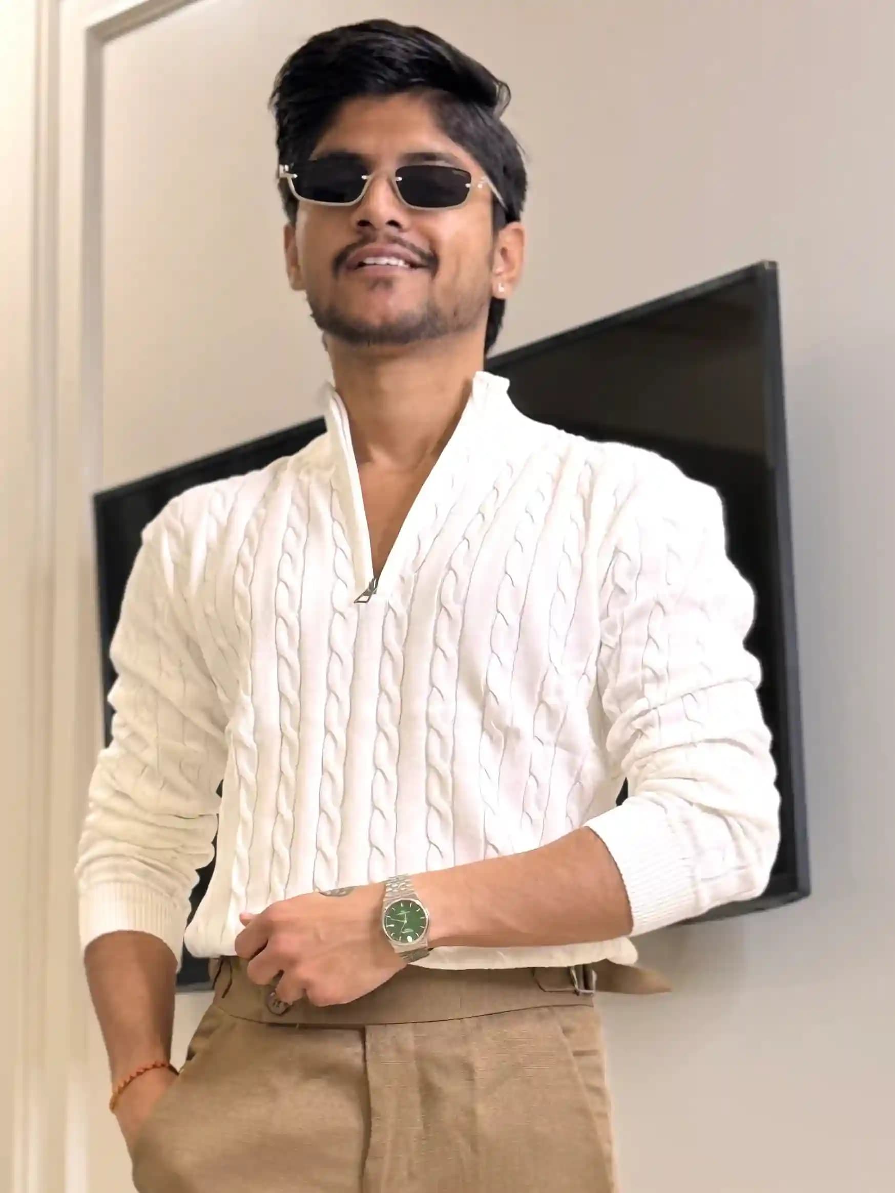 Rich White Cable Knit Polo